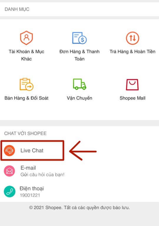 Liên hệ Shopee Live Chat